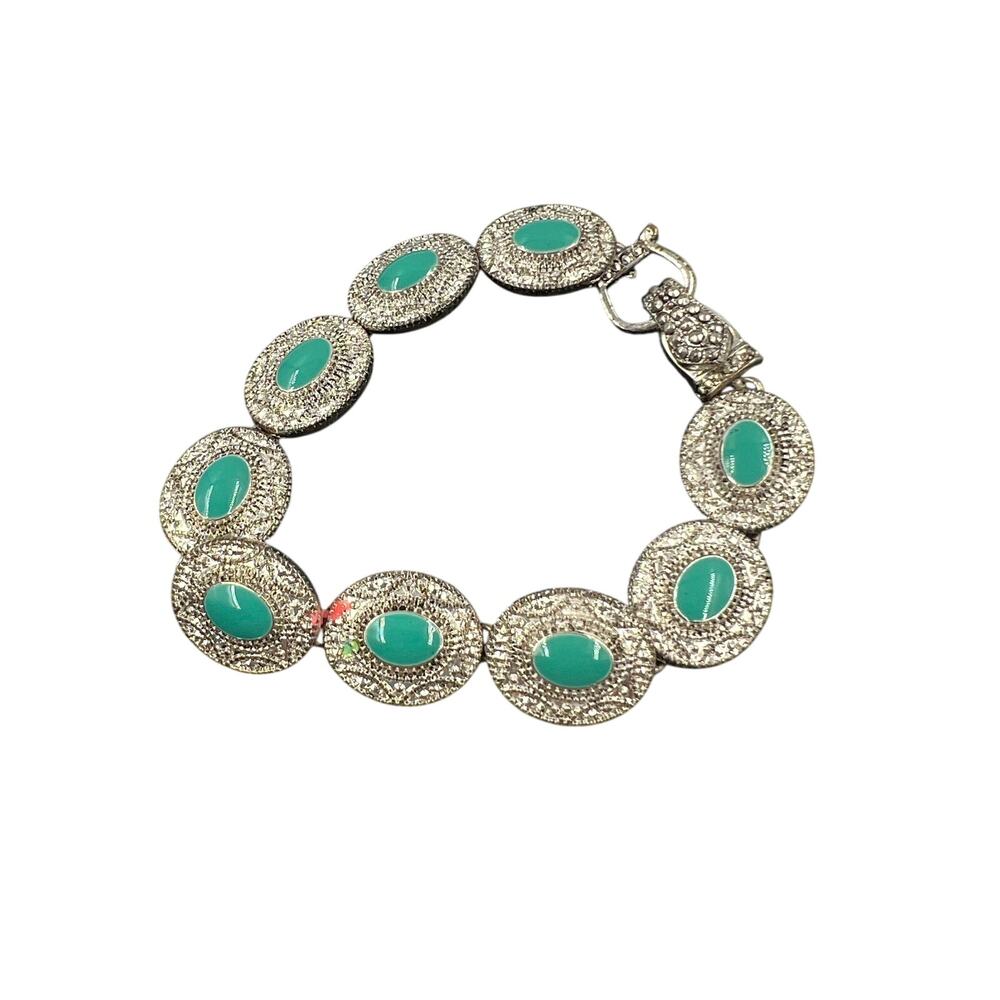 Vtg Faux Turquoise Silver Tones Filigree Oval Linked Bracelet South Western